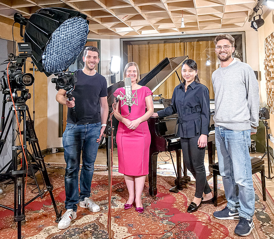The team recording the songs for the Sapiego YouTube channel. From left to right: Oliver Coward DOP, me, Eri Yamamoto piano, Neil Goody sound engineer.